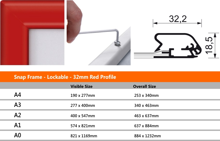 Snap Frame Lockable 32mm Red Profile